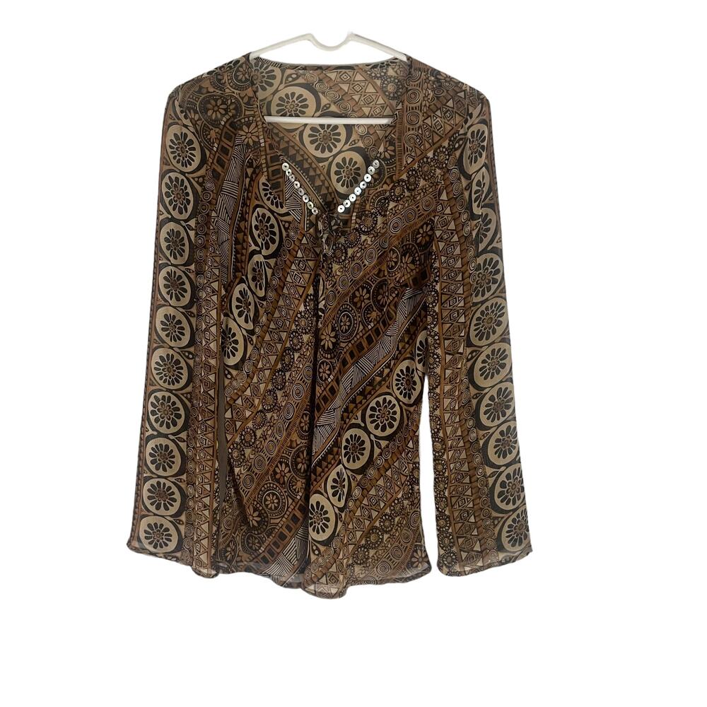 Women's Size Medium Sheer Boho Hippie Brown Beaded‎ Blouse